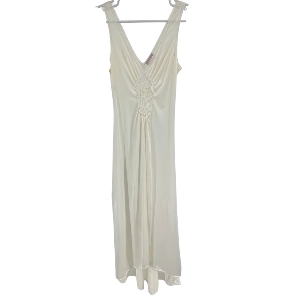 Tessie Cream Lace-Trimmed nightgown lace detail front slit wedding vintage S